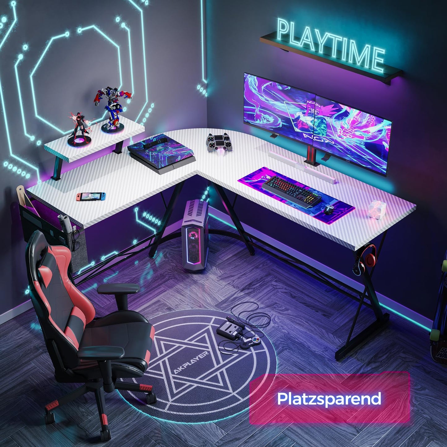 ODK Gaming Tisch, Gaming Schreibtisch Eckschreibtisch für Gamer, Schreibtisch L Form mit Monitorständer für Büro (Schwarz, 127 x 127 cm)