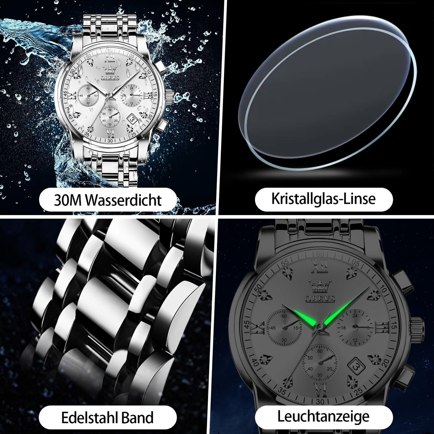 OLEVS Uhren Herren, Edelstahl Analoger Quarzuhr, Multifunktionale Diamanten Herrenuhren, Klassisches Luxuskleid Herrenuhr