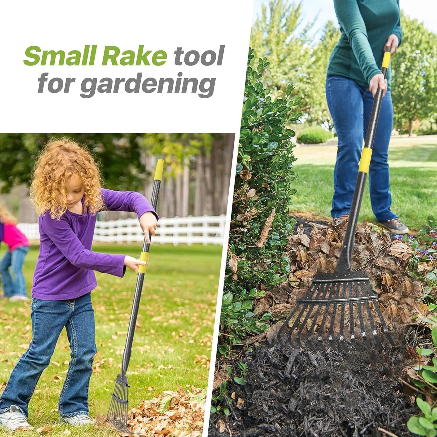 Rechen Garten, Laubrechen mit Stiel Metall mit 11 Zinken, 177 cm Einstellbar Gartenrechen mit Metall Stiel für Laub, Hof, Sträucher, Blumenbeete