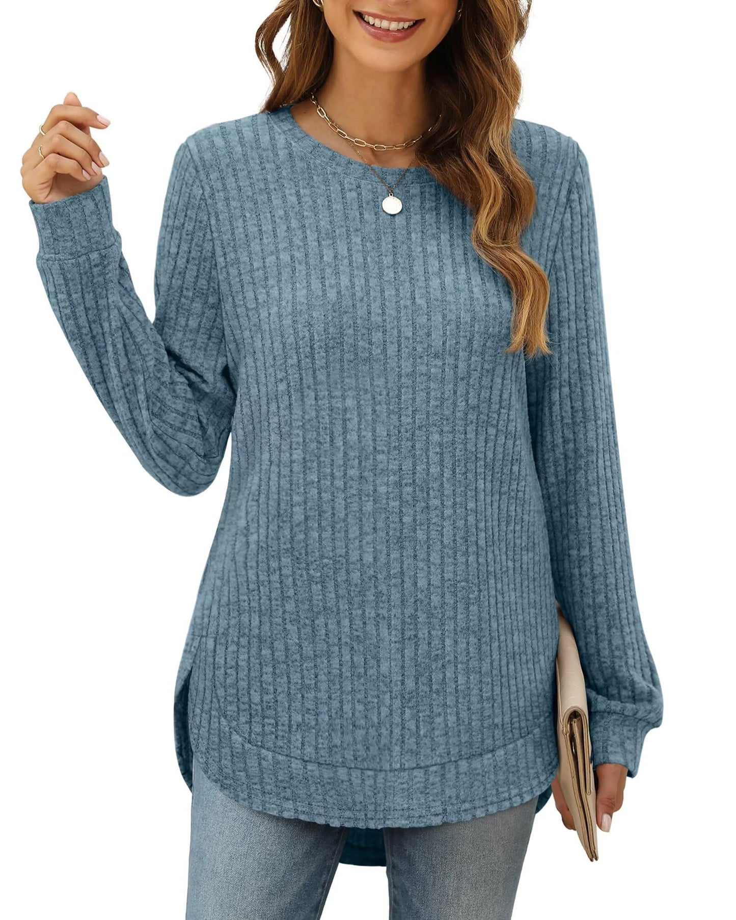 XIEERDUO Women's Pullover Sweater – Curved Hem Knit Sweatshirt