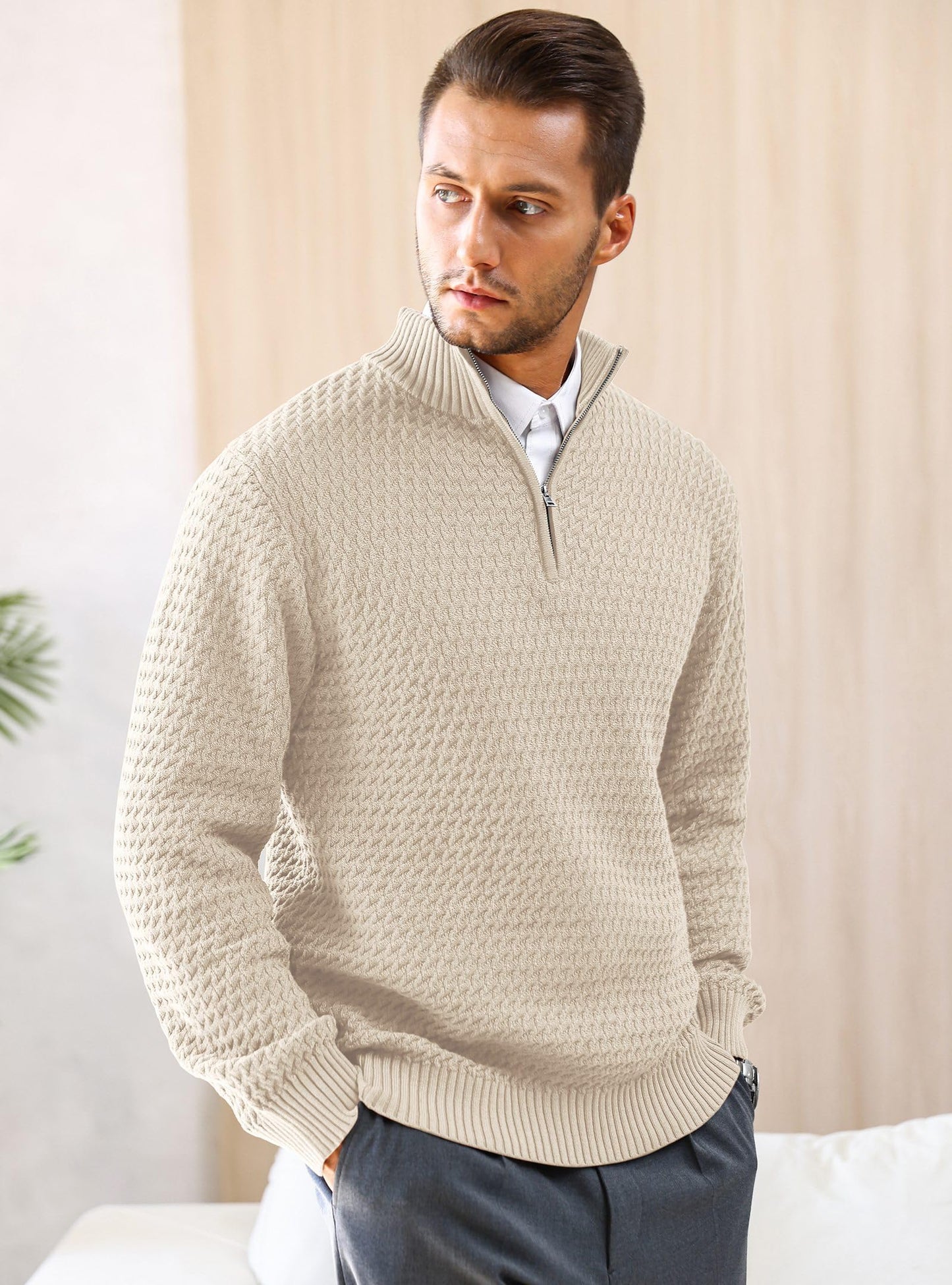 HYPESTFIT Men’s 1/4 Zip Turtleneck Sweater – Warm Knit Pullover