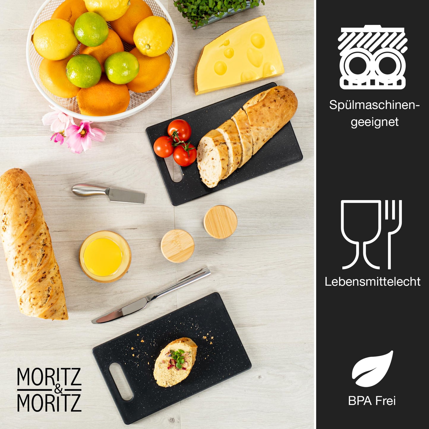 Moritz & Moritz 2x Schneidebrett Kunststoff Set in Granit Optik - 25 x 15 cm - Schneidebretter BPA frei - Frühstücksbrettchen - Schneidebrett Set hygienisch und spülmaschinenfest