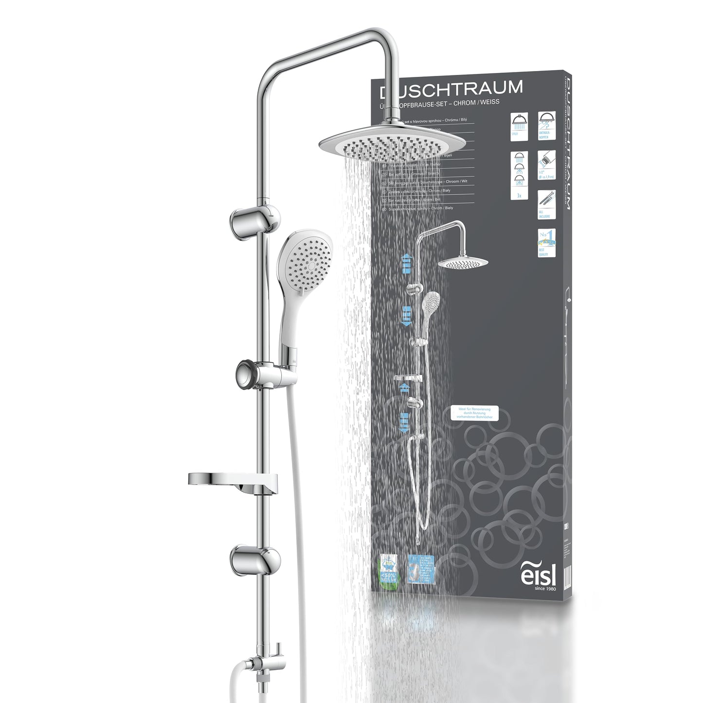 EISL Duschset EASY FRESH, Duschsystem ohne Armatur 2 in 1 mit großer Regendusche (250 x 200 mm) und Handbrause, Regendusche ohne Armatur ideal zum Nachrüsten, komplettes Montageset, Chrom DX12006