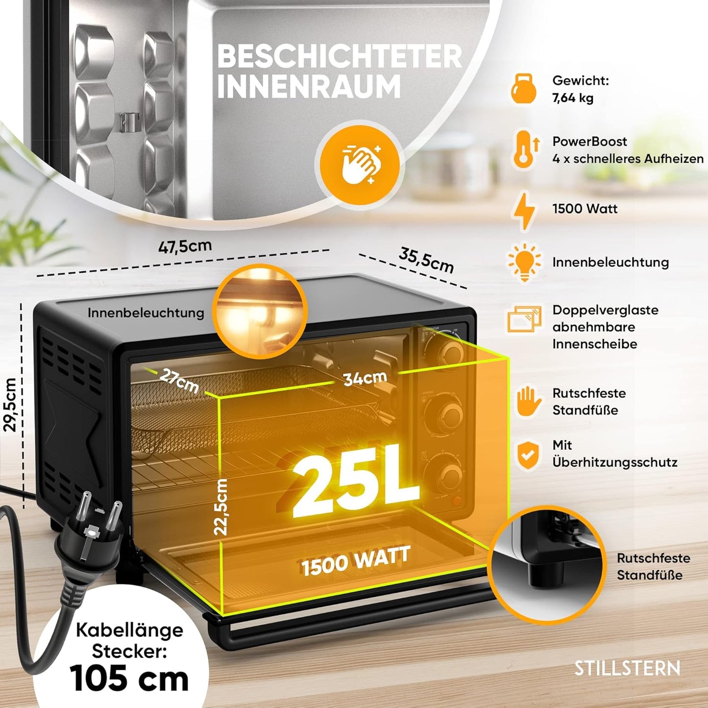 Stillstern Minibackofen mit Umluft (25L) NEU: CYCLONE PRO+ (Antihaftbeschichtung), DE Version, Airfryer-Einsatz, Rezeptheft, Drehspieß, 1500W Toaster Grill Pizzaofen Mini Backofen Ideal für Camping