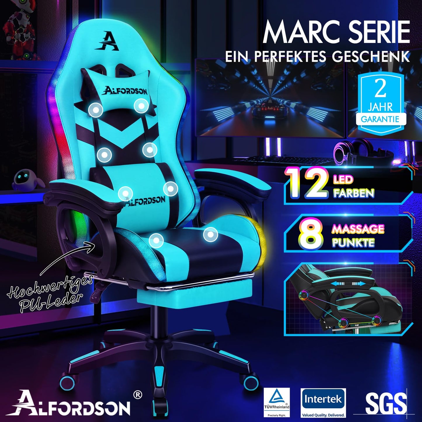 ALFORDSON Gaming Stuhl mit 8-Punkt Massage 12 Farben RGB LED-Licht, Bürostuhl Ergonomisch mit fußstützen, Kopfstütze Lendenkissen für Kinder Erwachsene, Schwarz