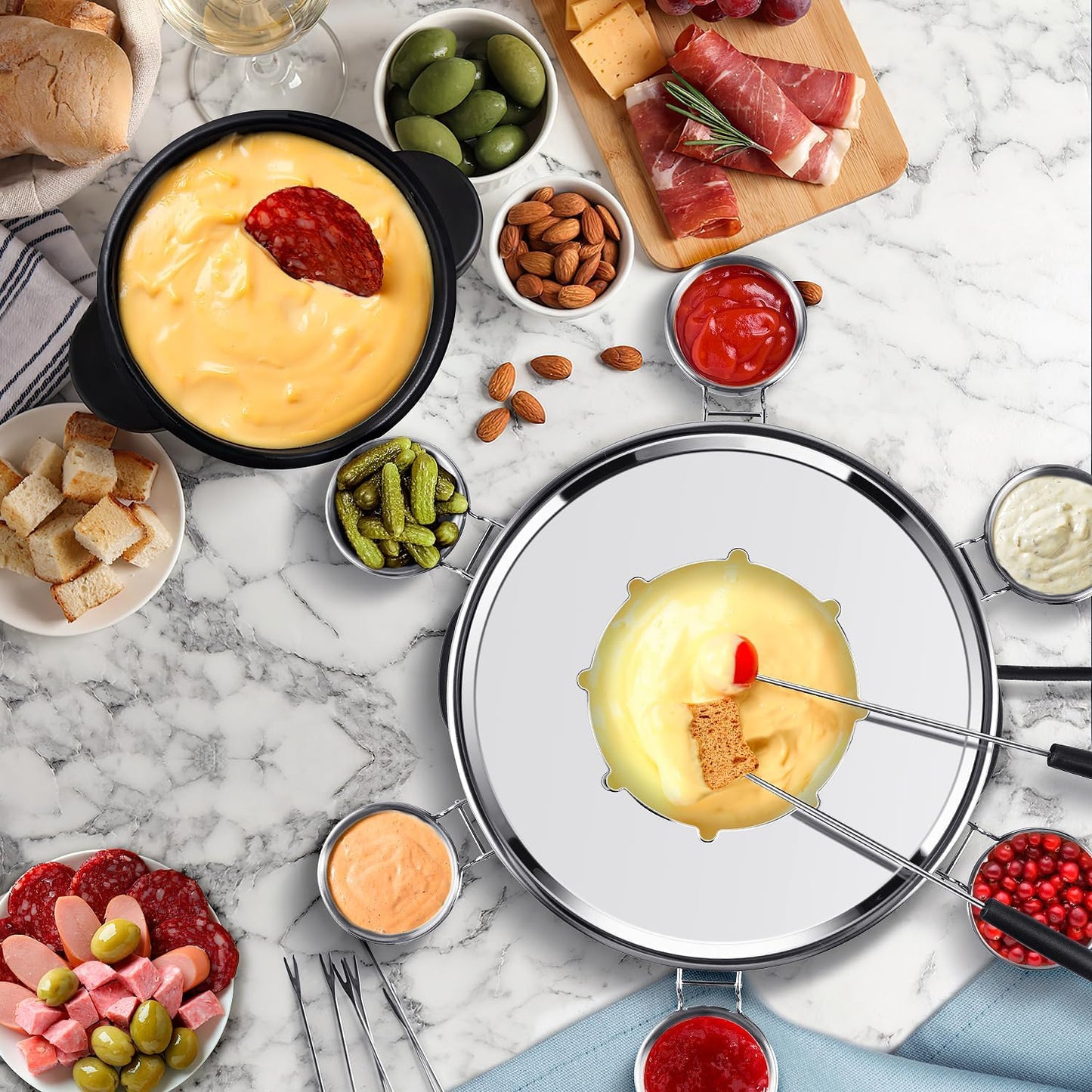 CUSIMAX Elektrisches Fondue-Set mit 1300W Leistungsregelung für Käse, Schokolade, Öl und Brühe, 2L Antihaft-Elektro-Fondue-Topf mit 8 Gabeln, 6 Tassen und abnehmbarem Anti-Verbrühungs-Griff