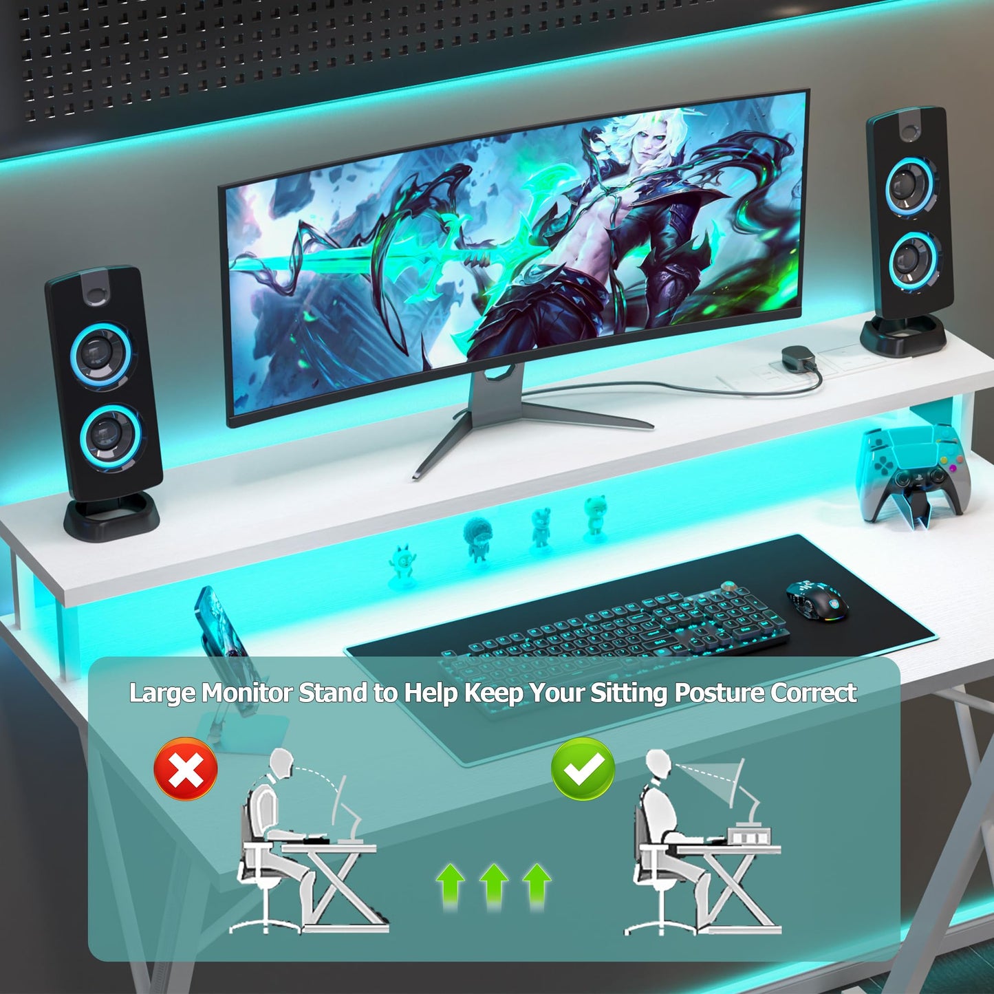 BEXEVUE Gaming Schreibtisch mit Steckdosenleiste LED – 100x50 cm Ergonomic Computer Gamer Tisch, Großer PC Monitorständer, Moderner X Rahmen, Kopfhörerhaken, Studium Arbeit Zuhause Schlafzimmer