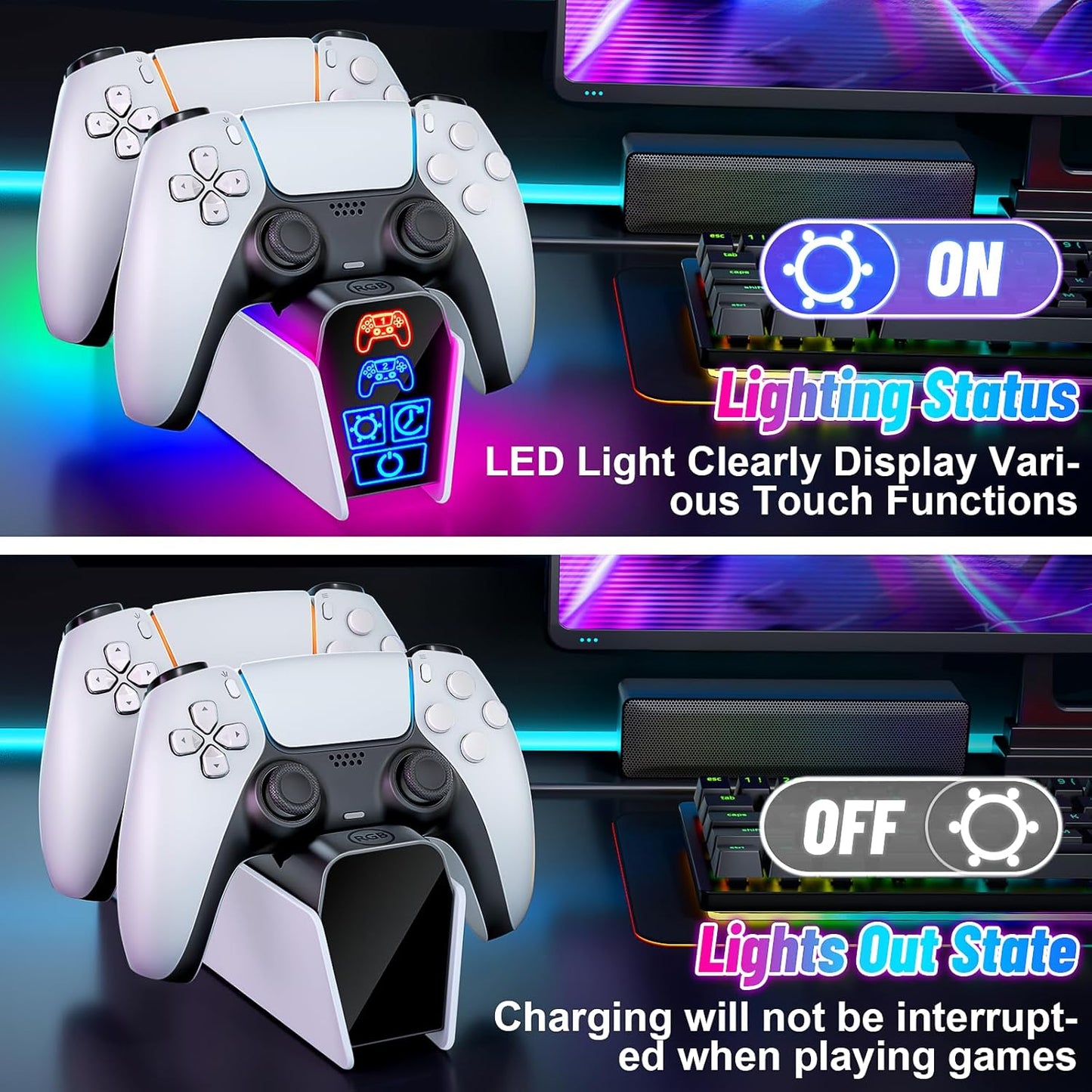 Fenolical Ladestation für DualSense PS5 & Edge Controller, Touch-Ladestation, Zeitgesteuerte, Multifunktionale Playstation5-Gaming-Ladestation mit frei Steuerbarer Beleuchtung