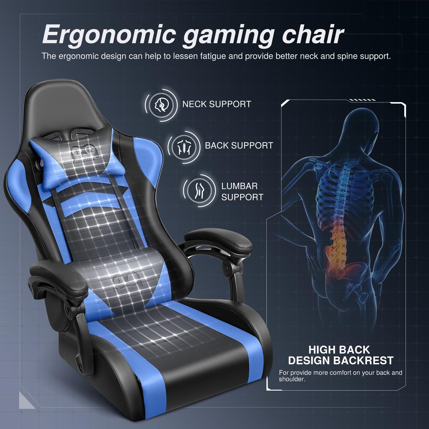 OneGame Ergonomischer Gaming Stuhl, hoher Rücken Computer Gamer Stuhl, höhenverstellbarer Game Stuhl, Racing Style Gaming Bürostuhl mit Kopfstütze und Lendenwirbelstütze, Schwarzweiß