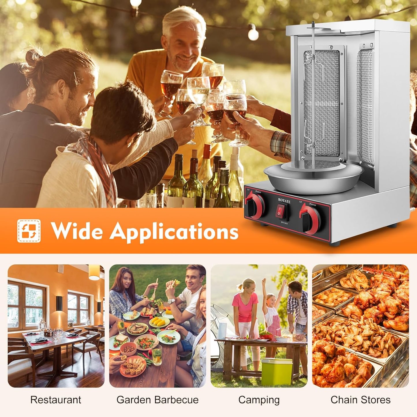 Doner Grill Gas Kebab Machine Vertical Gyros Grill Adjustable Fire Power 360° Rotate Chicken Grill Table Grill Gyros Grill for Home