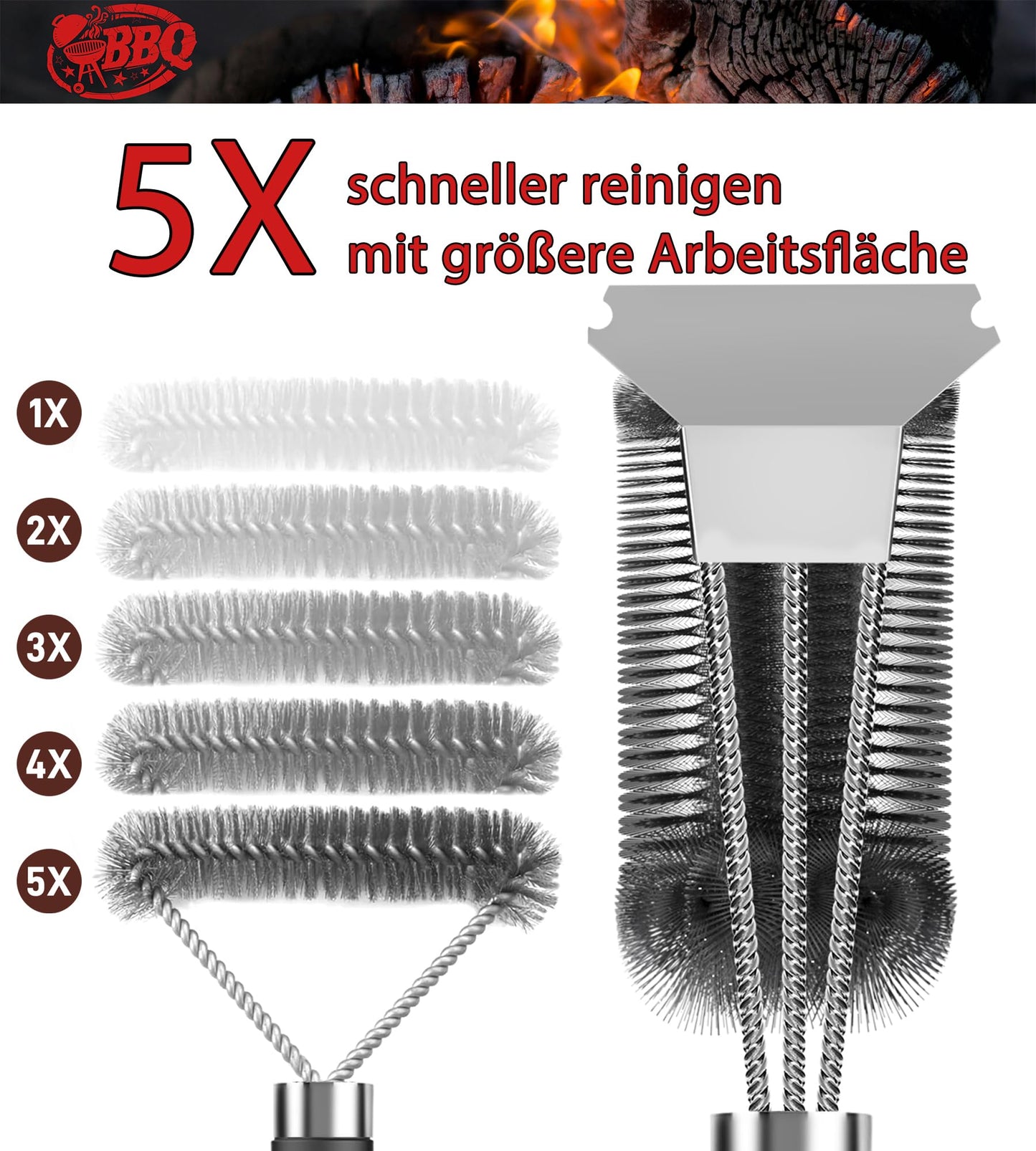 Grillbürste, TNTOR Grill Reinigungsbürste mit Extra Langer Edelstahl Borsten, Edelstahl Spatel und PP Wärmedämmung Griff, für Gasgrill, Holzkohlegrill, Kugelgrill, Elektrogrill und Grillrost.