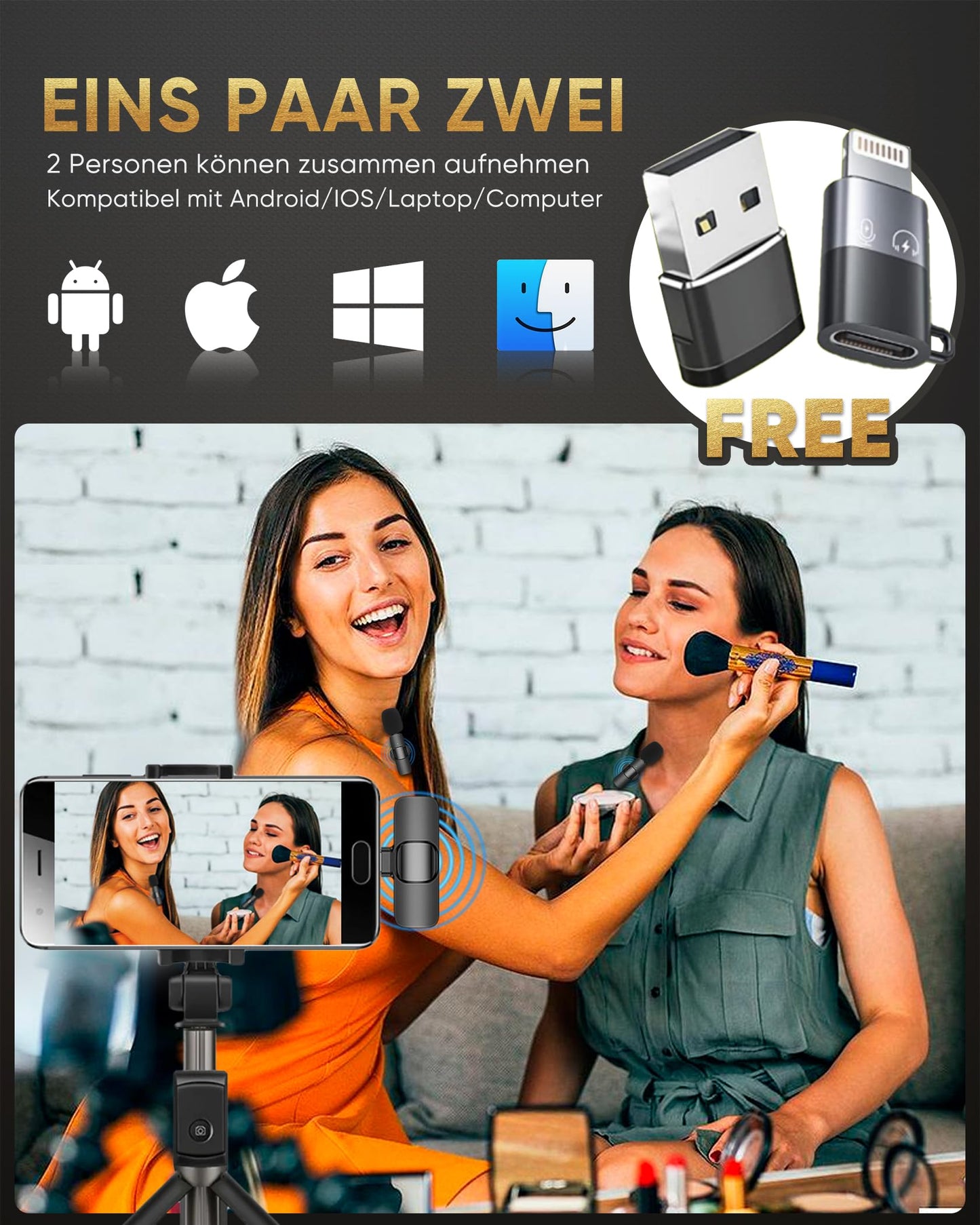 IUMAKEVP Lavalier Mikrofon Kabellos kompatibel mit iPhone/iPad/Android-Handy/Laptop, Plug-Play Wireless Ansteckmikrofon mit Rauschunterdrückung für Videoaufnahmen/Live-Dampf/Interview/TikTok (2 Mics)
