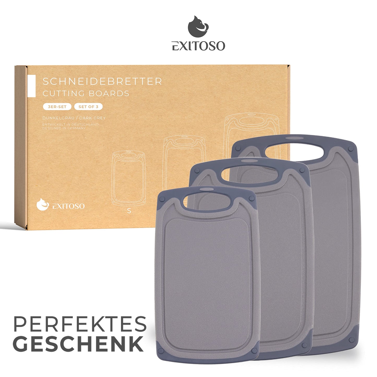 Exitoso 3-Piece Innovative Chopping Board Set | Non-Slip with Juice Groove and Handle | Dishwasher Safe | Antibacterial | Grey/Black Plastic