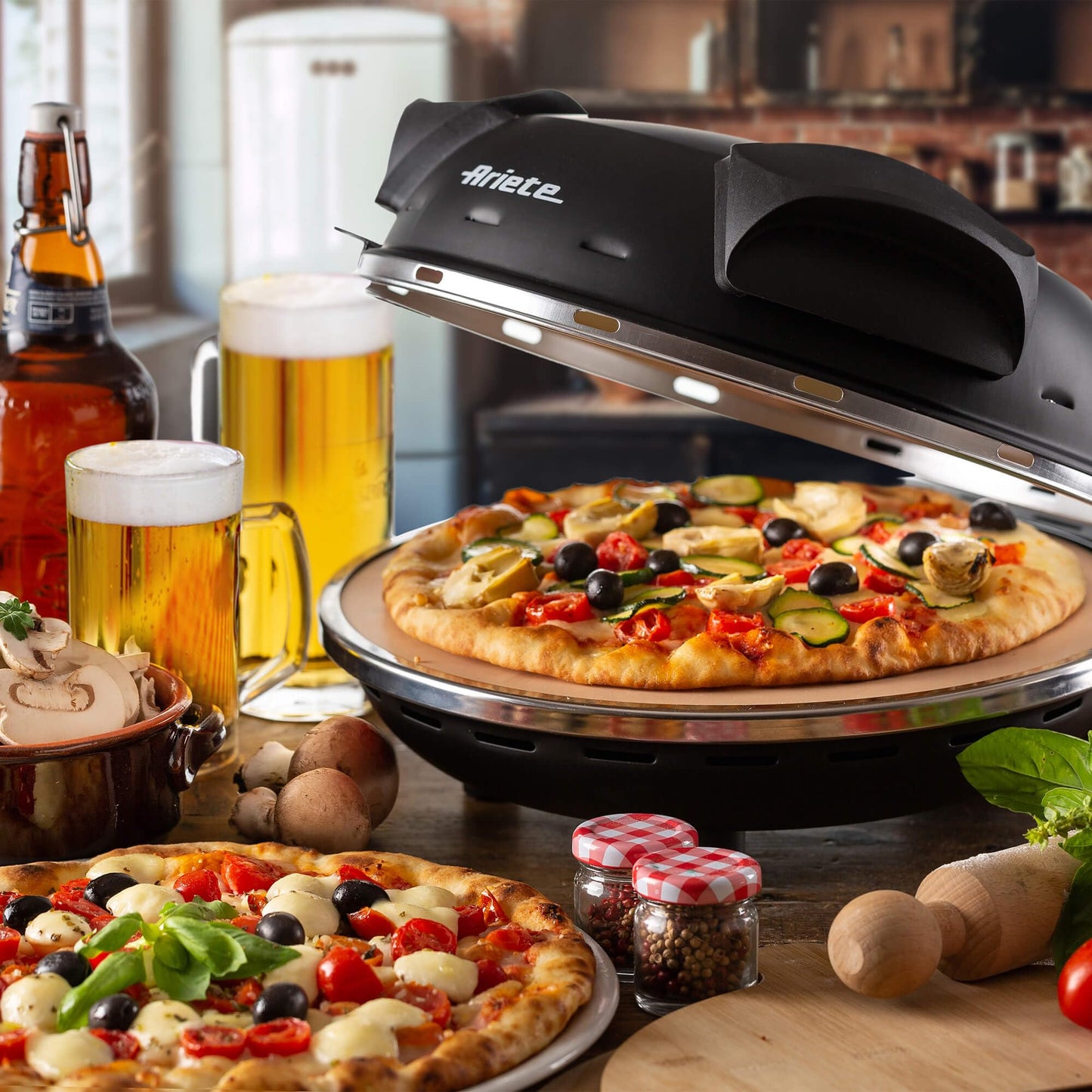Ariete Pizzaofen 919, 4-Minuten-Pizza, Pizzaofen mit 5 Garstufen, Feuerfeste Platte zum Wiederaufwärmen, Holzbrettchen im Lieferumfang Enthalten, Max. Temperatur 400°C, 1200W, Rot