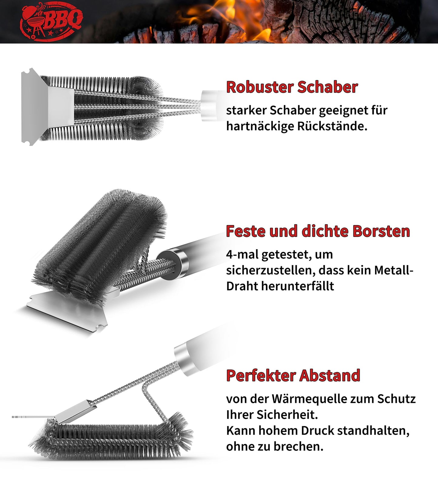 Grillbürste, TNTOR Grill Reinigungsbürste mit Extra Langer Edelstahl Borsten, Edelstahl Spatel und PP Wärmedämmung Griff, für Gasgrill, Holzkohlegrill, Kugelgrill, Elektrogrill und Grillrost.