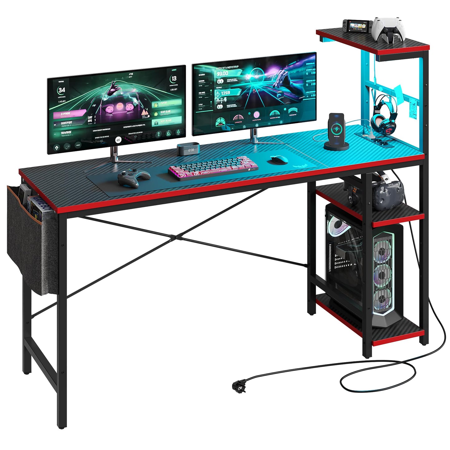 Bestier 113CM Eck-Computertisch mit Steckdosen Computertisch mit LED-Leuchten Umkehrbarer Schreibtisch mit Seitentasche Aufbewahrungstasche & Zubehöraufhänger für Home Office Small Space Weiß