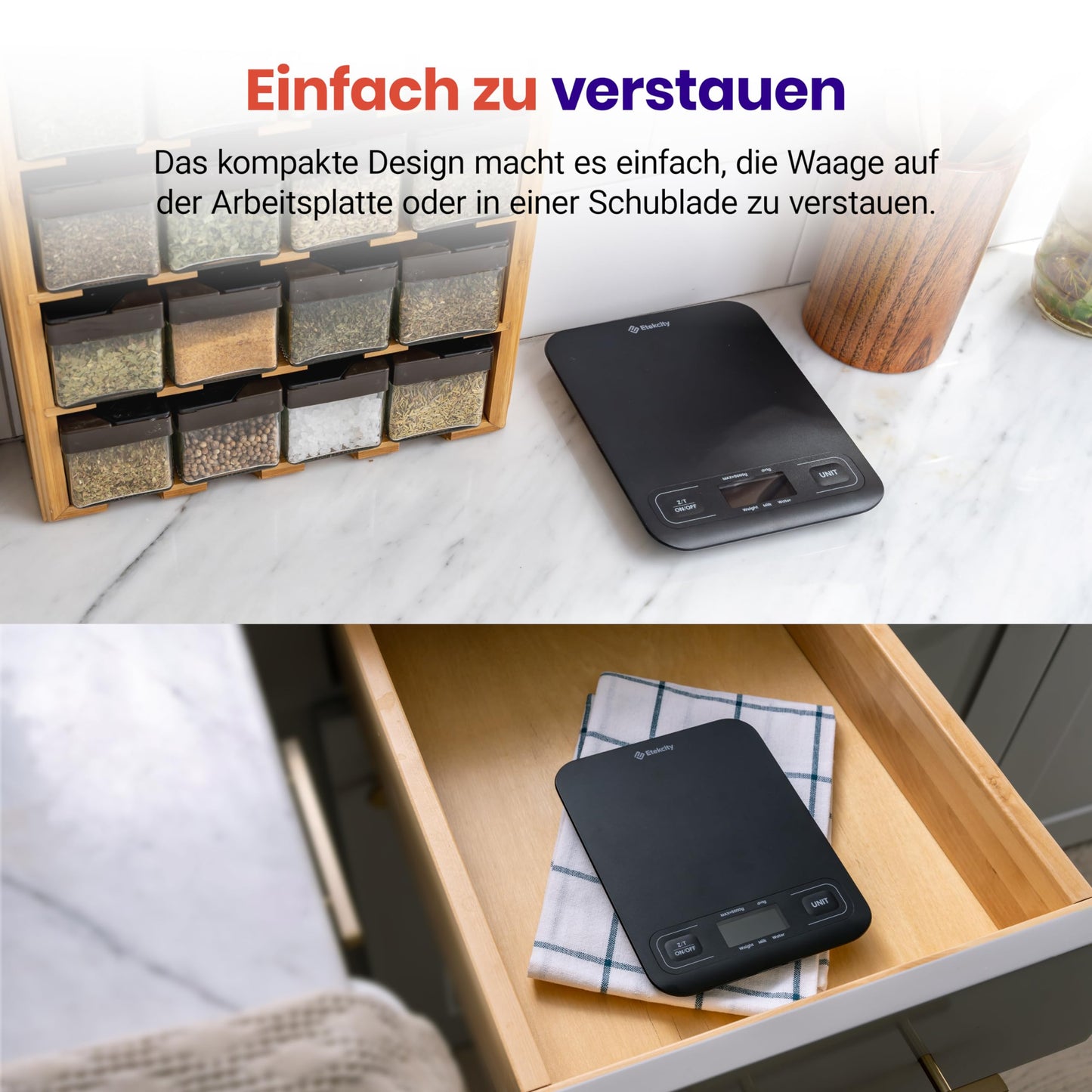 ETEKCITY Küchenwaage, digital 5KG mit großem LCD-Display,Digitalwaage, Briefwaage mit Großer Edelstahl Wiegefläche, Flüssigkeitsmessung, hohe Präzision auf bis zu 1g, Tara-Funktion, Silber