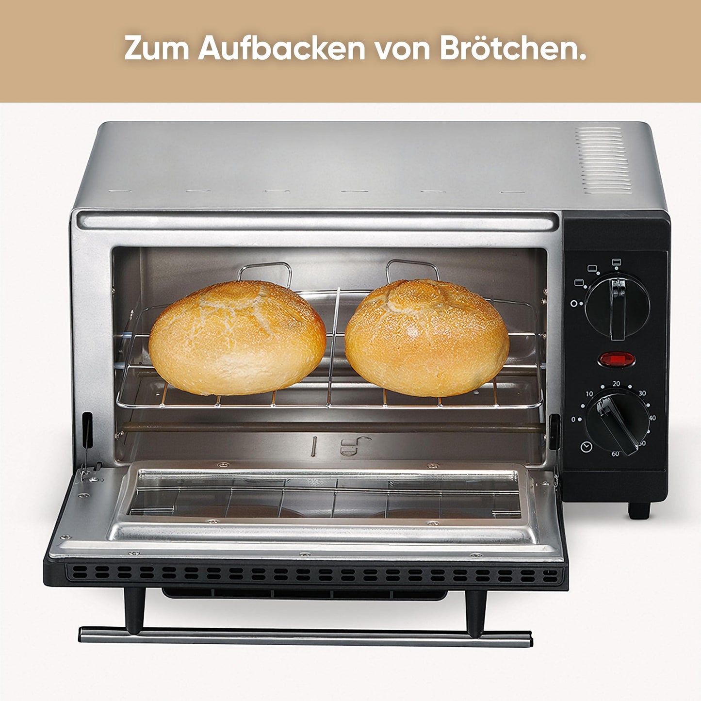 SEVERIN Mini Back- und Toastofen, kompakter Backofen inkl. Grillrost und Backblech, mit Ober- und Unterhitze, 800W, 9 L, silber /schwarz, TO 2052
