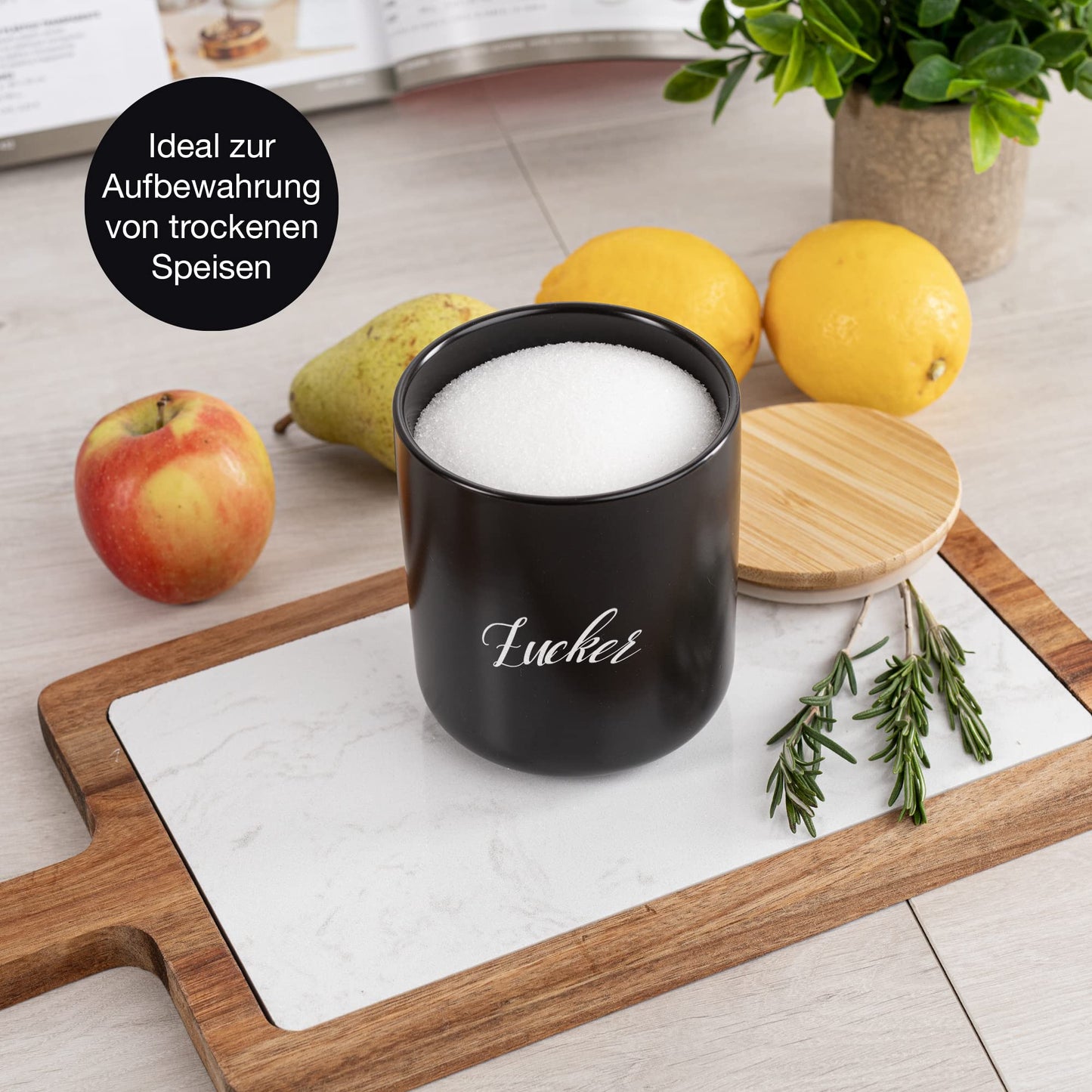 Moritz & Moritz 3x Vorratsdosen Schwarz 400ml, 600ml & 900 ml - Beschreibbar – 3x Keksdosen Keramik mit Deckel aus Bambus – Keramik Aufbewahrungsdose