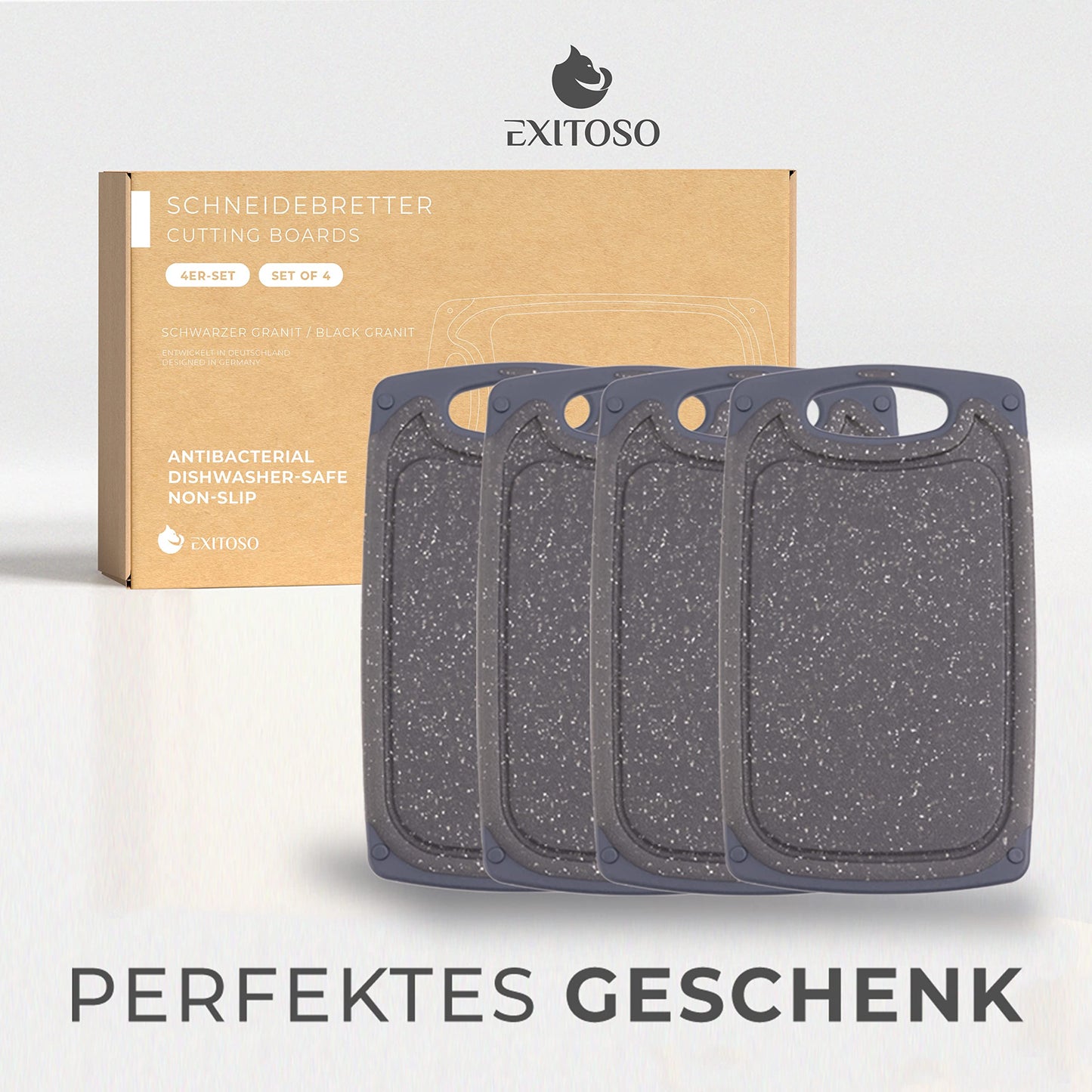 Exitoso 3-Piece Innovative Chopping Board Set | Non-Slip with Juice Groove and Handle | Dishwasher Safe | Antibacterial | Grey/Black Plastic