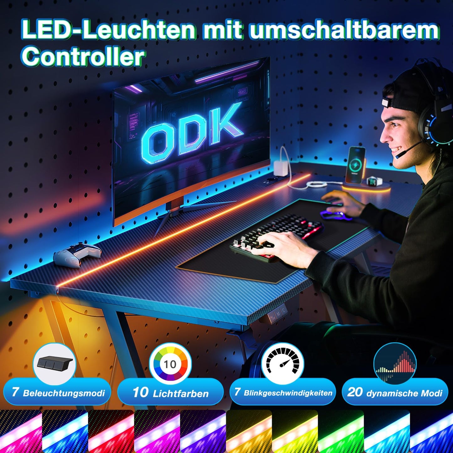ODK Gaming Tisch mit LED & Steckdose, Gaming Schreibtisch mit Becherhalter und Kopfhörerhaken, Doppel-Z-Rahmen-Design Kleiner Computertisch, Carbon Fiber Schwarz PC Tisch 120 cm
