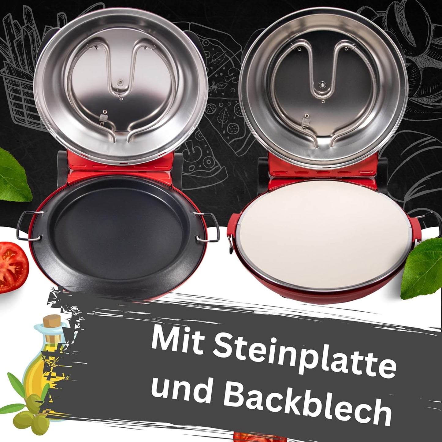 TruWare Pizzaofen elektrisch bis 400 Grad | Elektrischer Pizzabäcker mit Pizza-Schieber Steinplatte und Backblech | 32 cm Pizzastein