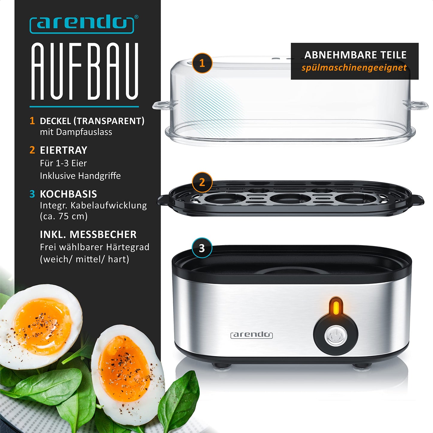 Arendo - Edelstahl Eierkocher Threecook - Egg Cooker - EIN AUS-Schalter - Wählbarer Härtegrad - 210 W - 1-3 Eier - GS - BPA-frei