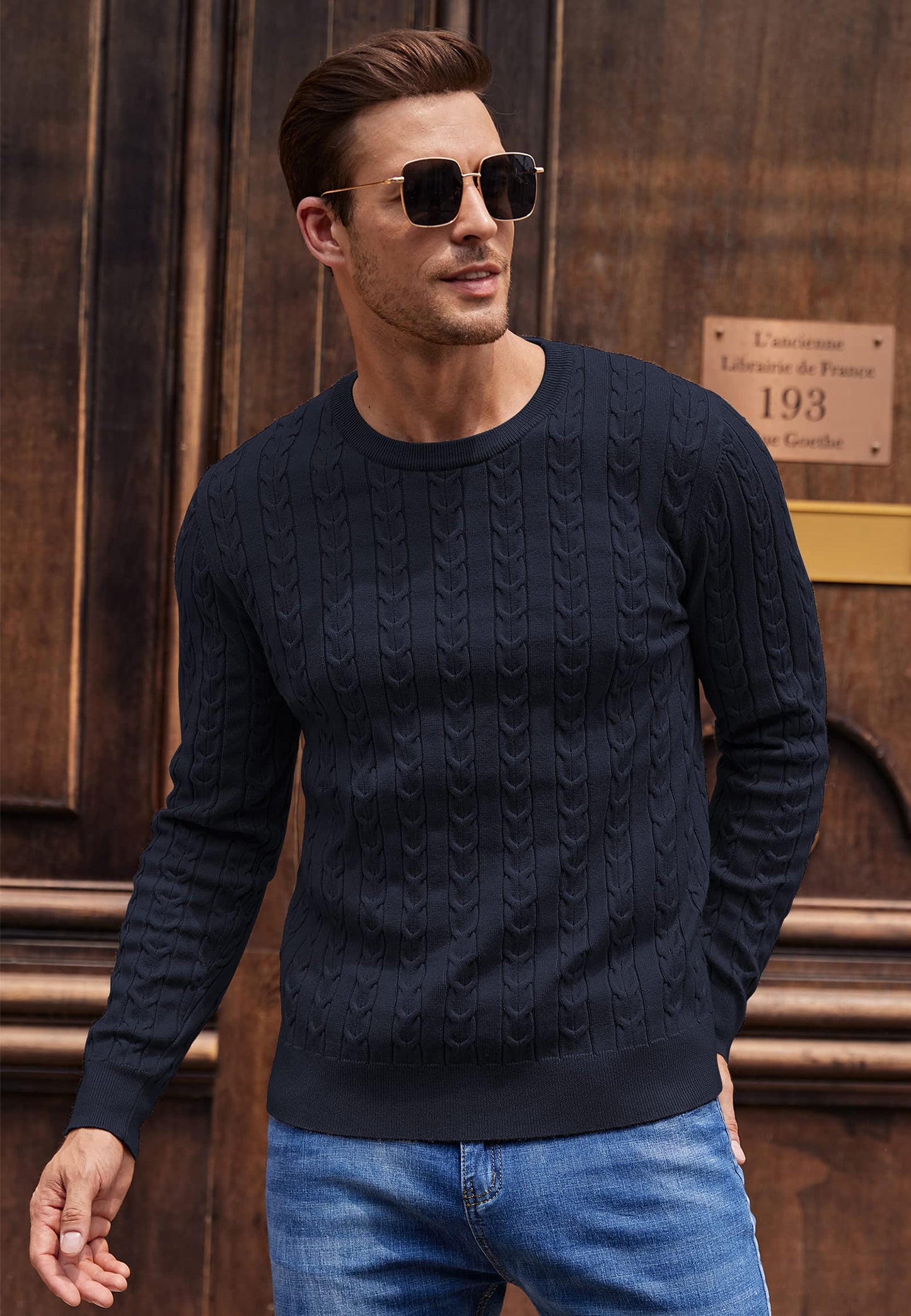 NITAGUT Men’s Cable Knit Sweater – Slim Fit Crewneck Pullover