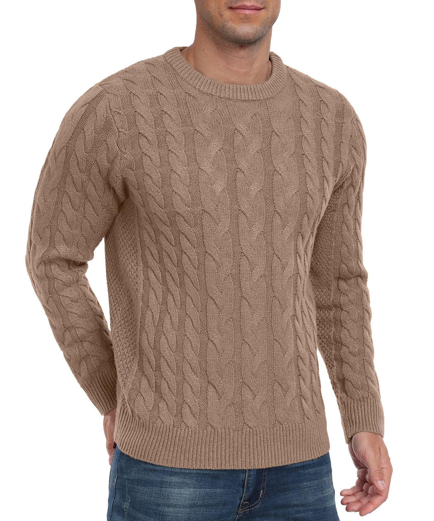 QIXING Men’s Cable Knit Sweater – Chunky Crewneck Pullover