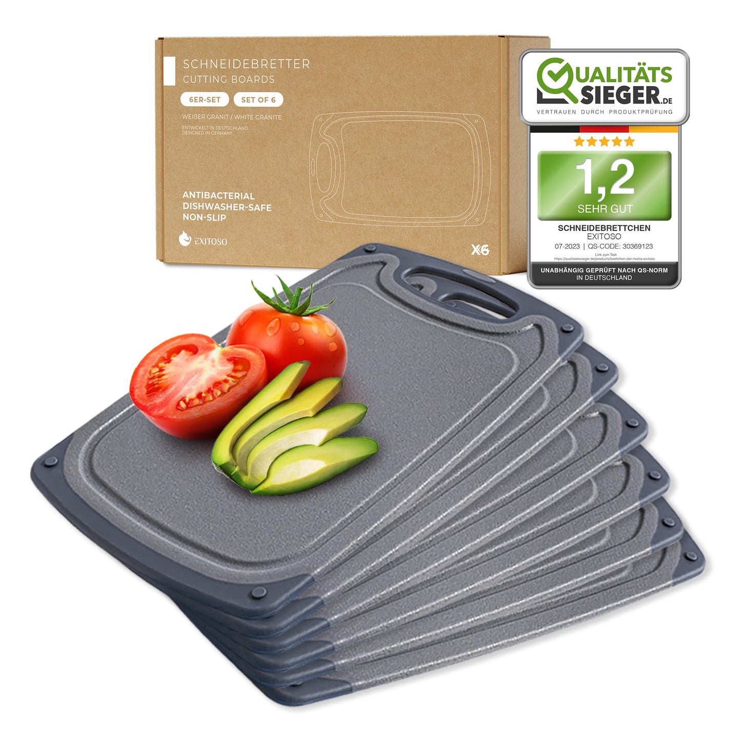 Exitoso 3-Piece Innovative Chopping Board Set | Non-Slip with Juice Groove and Handle | Dishwasher Safe | Antibacterial | Grey/Black Plastic