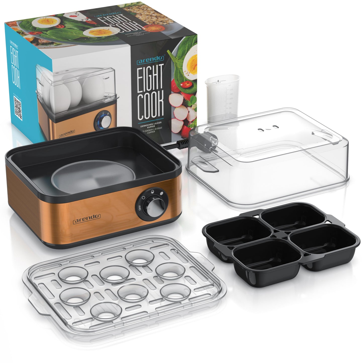 Arendo - Eierkocher Edelstahl für 1 bis 8 Eier - Egg Cooker - 500 W – Kontroll Leuchte – Drehregler für drei Härtegrade - spülmaschinengeeignet | Cool Grey