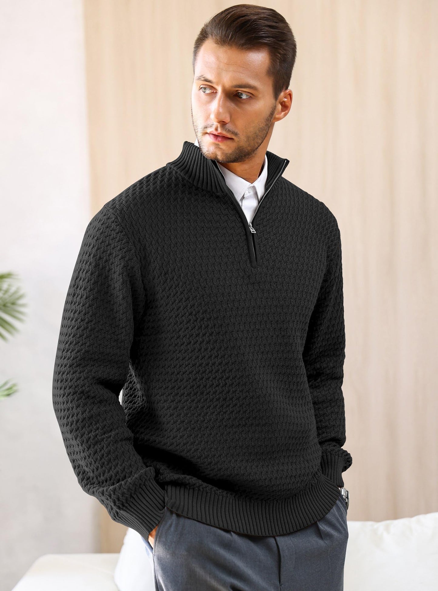 HYPESTFIT Men’s 1/4 Zip Turtleneck Sweater – Warm Knit Pullover