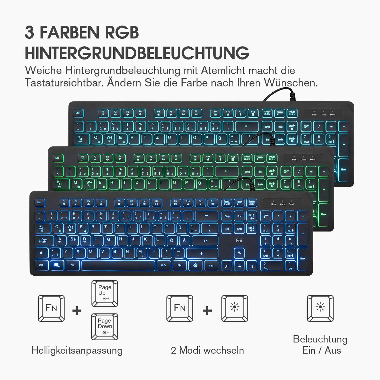 Rii Gaming Tastatur und Maus Set mit Kabel, 3 LED Hintergrundbeleuchtung QWERTZ (DE-Layout), Kabelgebundene Tastatur mit Maus für PC, Computer, Laptop, Schwarz