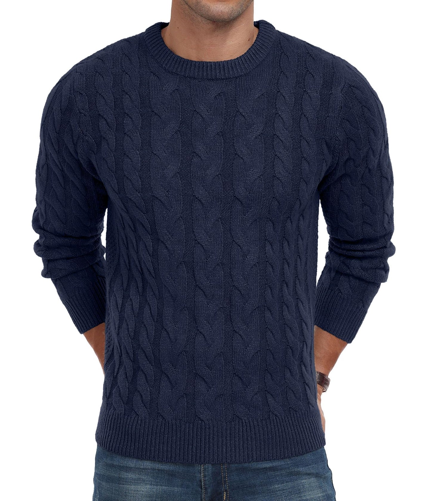 QIXING Men’s Cable Knit Sweater – Chunky Crewneck Pullover