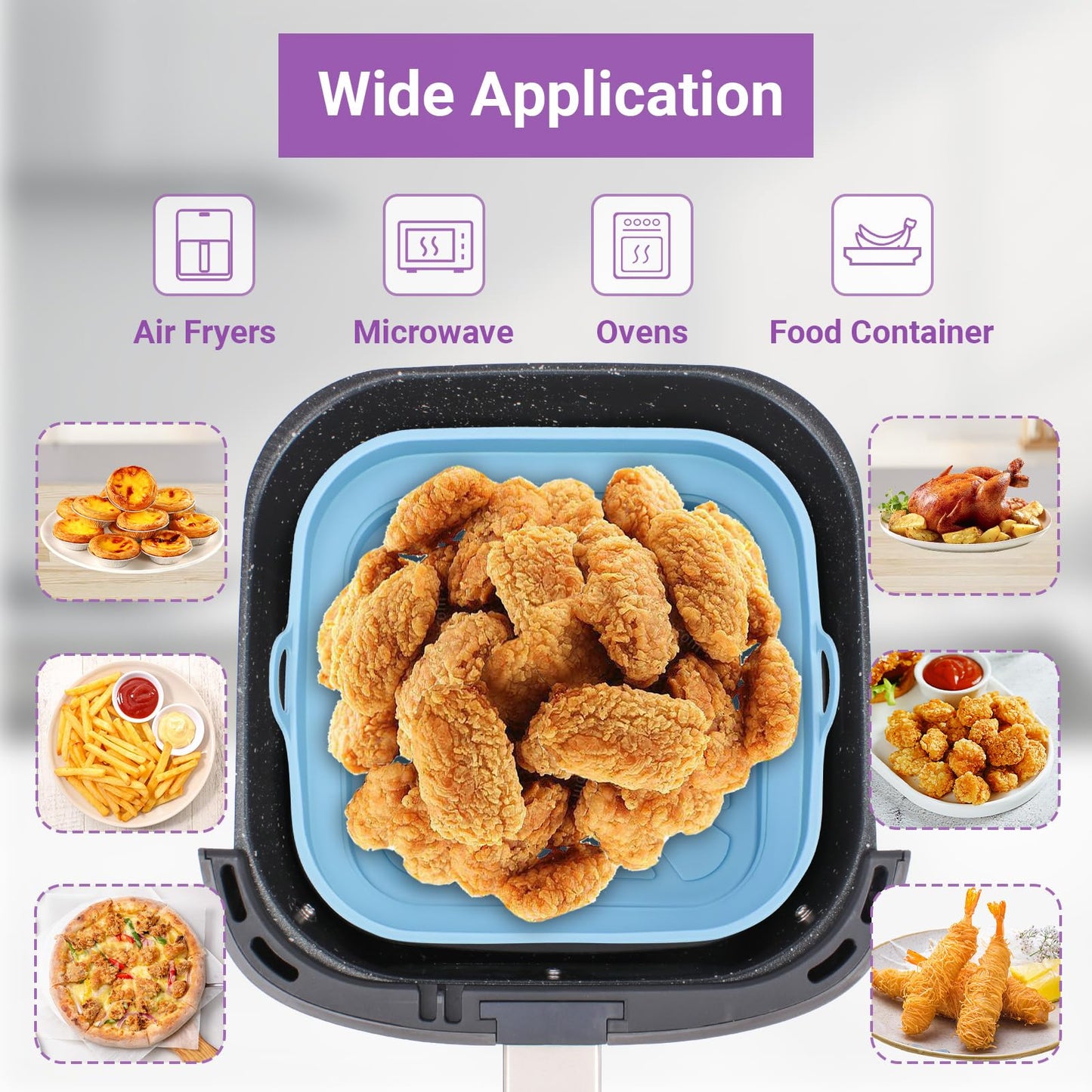 Alyvisun Silikonform für Heißluftfritteuse 2 Stück Airfryer Silikon Backform Wiederverwendbar Silikoneinsatz Zubehör Quadratisch Silikonmatte Pot Liner für Air Fryer, Mikrowelle, Ofen, Blau+Grau