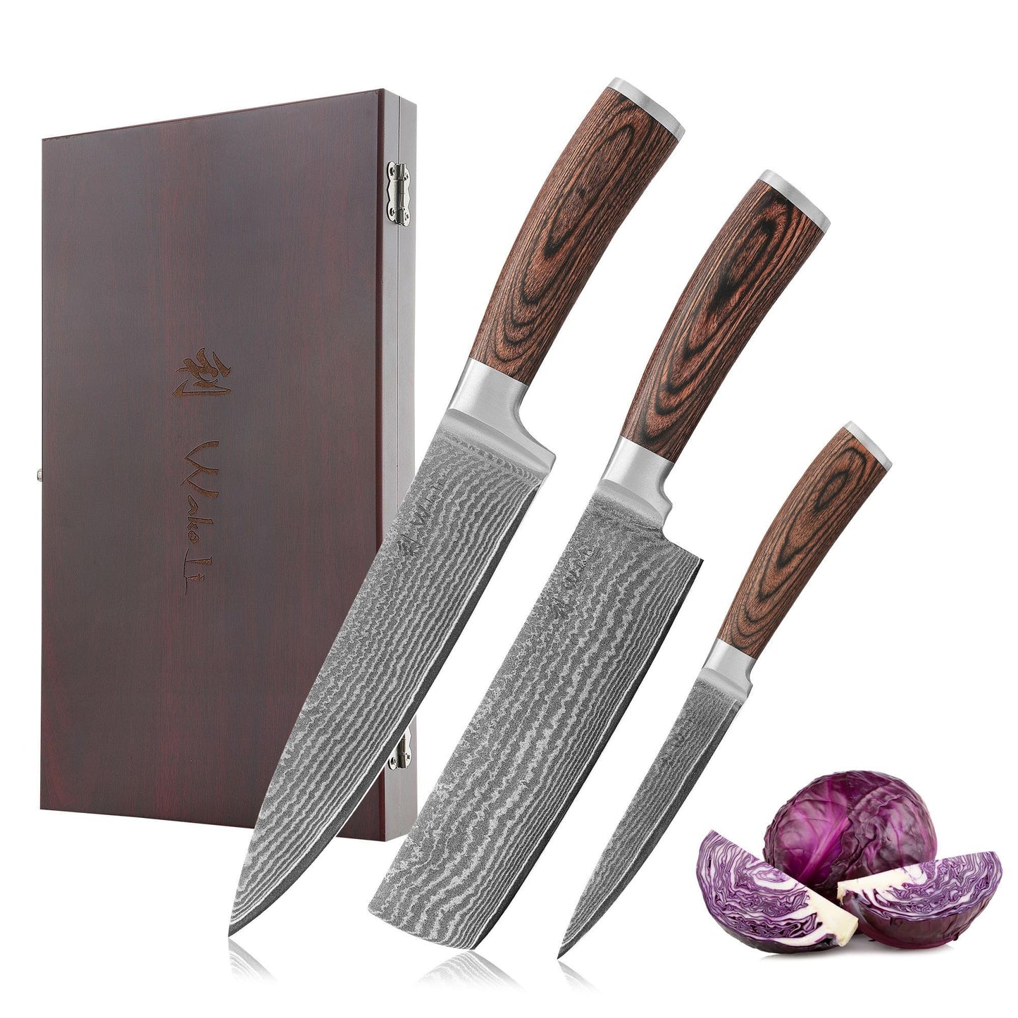 Wakoli EDIB 3er Damastmesser Set mit 8-17cm Klingen gefertigt aus 67 Lagen echtem Damaststahl mit Pakkaholzgriff in Holzbox I Premium Messerset Damast & Profi Küchenmesser