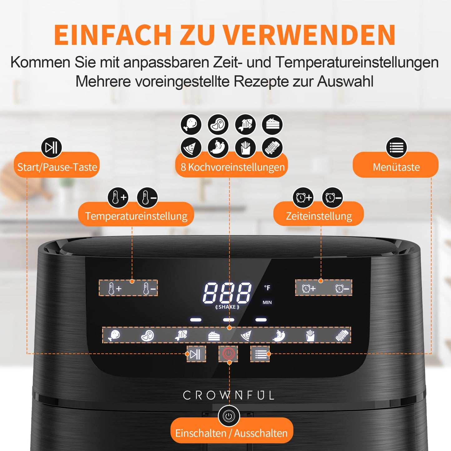 CROWNFUL Luftfritteuse 6,2L, XXL Heißluftfriteuse Elektrische 8 in 1 Öllose Herd, Heissluft Fritteusen mit LCD Touchscreen und 8 Voreinstellungen, präzise Temperaturregelung, Nonstick Korb