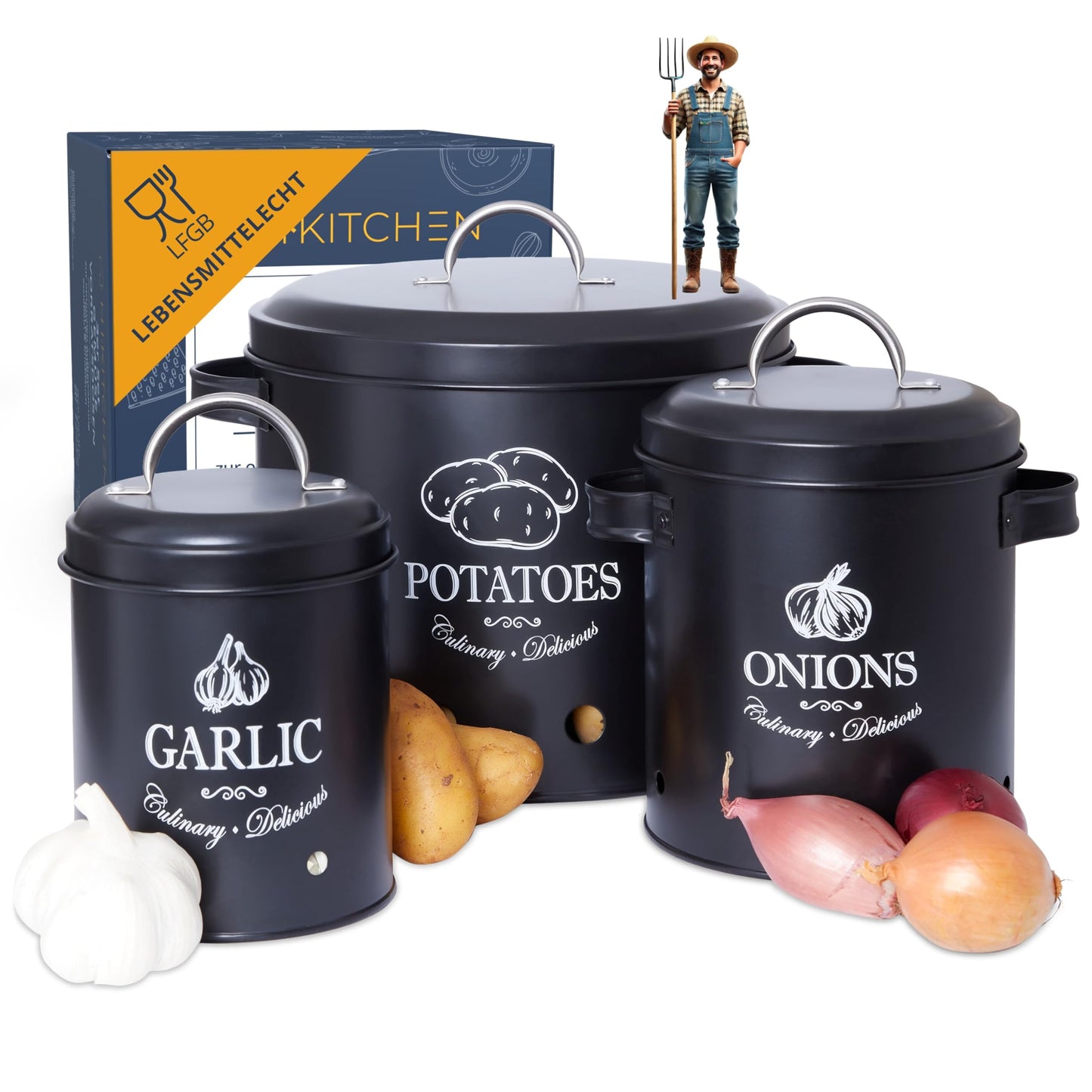 HIKITCHEN® Vorratsbehälter-Set für länger frisches Gemüse (schwarz) - Stilvolle Kartoffel-, Knoblauch- und Zwiebel-box/topf - Gemüsebehälter