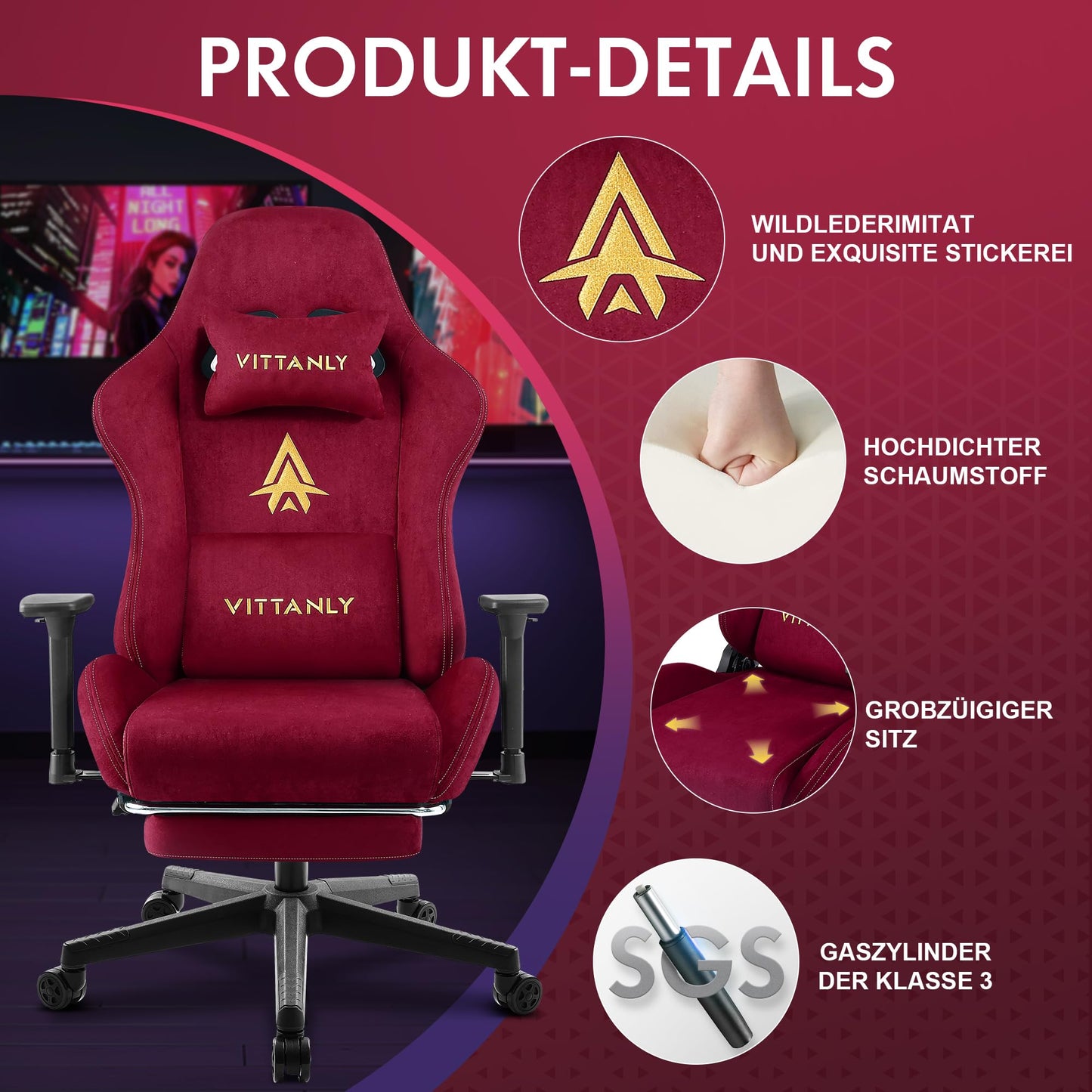 Vittanly Gaming Chair, Luxurious Breathable Imitation Suede Office Chair Gaming Chair, Ergonomic Gamer Chair with Footrest Headrest and Lumbar Cushion, 3D Armrests, 90-155° Backrest, Gray