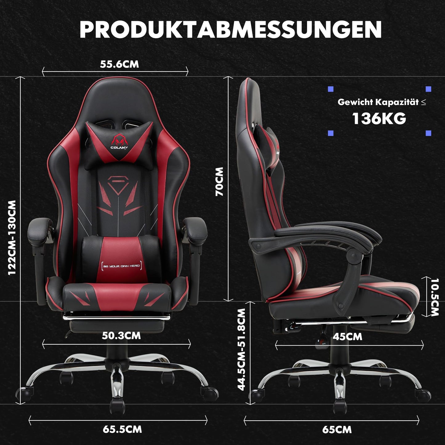 COLAMY Gaming Stuhl, Computer Stuhl mit Fußstütze und Lendenwirbelstütze, höhenverstellbarer Gaming Chair mit 360°-Drehsitz und Kopfstütze, Video Gamer PC Stuhl, Ergonomische hohe Rückenlehne, Weiß