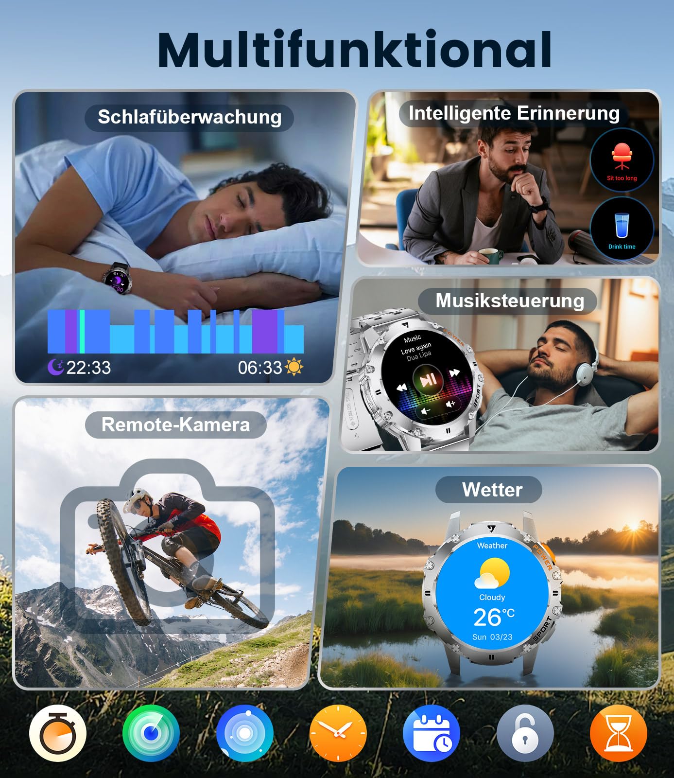LIGE Smartwatch Herren Militär,Taschenlampe/1.43" AMOLED Sportuhr mit 500 mAh Akku/Telefonfunktion, 110+Sportmodi, IP68 Wasserdicht Smartwatch mit Herzfrequenz/Schlafmonitor für Android iOS,Schwarz