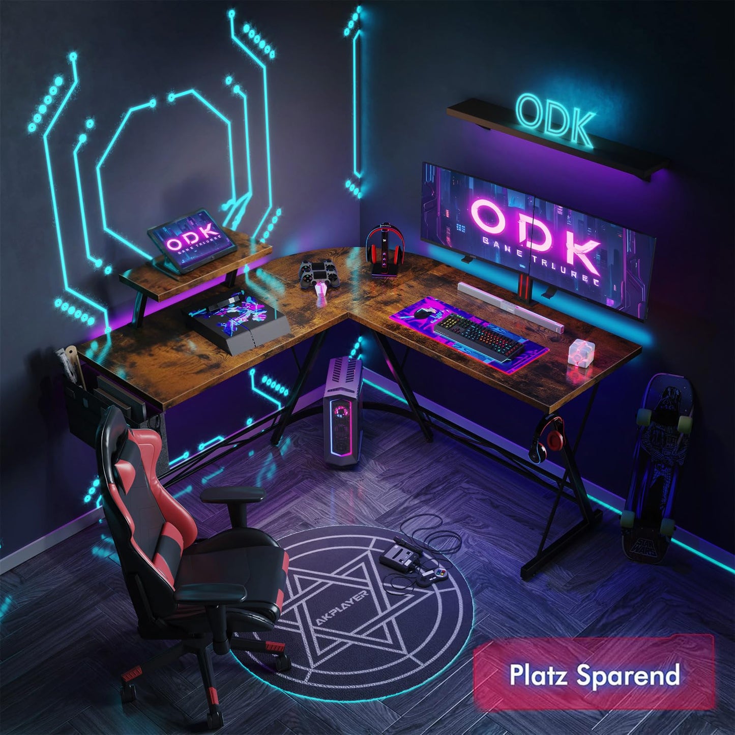 ODK Gaming Tisch, Gaming Schreibtisch Eckschreibtisch für Gamer, Schreibtisch L Form mit Monitorständer für Büro (Schwarz, 127 x 127 cm)