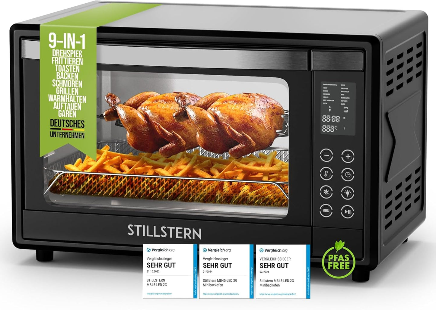Digital mini oven with convection (45 litres) oven gloves ✓ Recipe book ✓ Double glass door ✓ 2000W ✓ LED display ✓ 13 programmes ✓ Rotary spit ✓ Crumb plate ✓ Timer ✓ Interior lighting