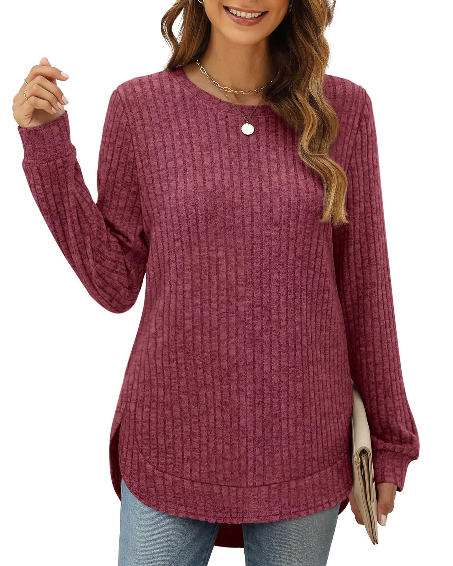 XIEERDUO Women's Pullover Sweater – Curved Hem Knit Sweatshirt