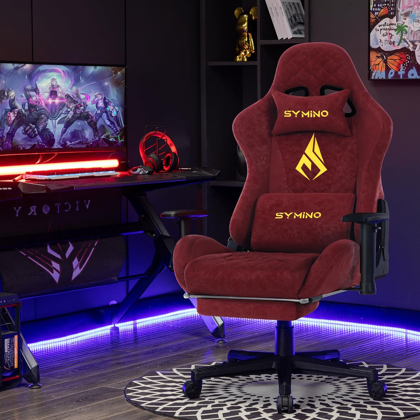 symino Gaming Stuhl, Ergonomischer Bürostuhl, Rennstuhl-Design PC Stuhl, Vintage-PU-Leder, Verstellbarer Drehbarer Task Stühle mit Fußstütze (Schwarz)