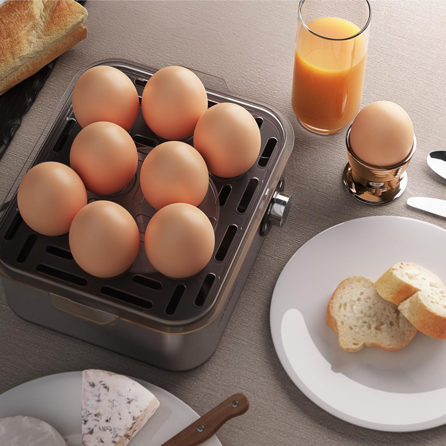 Arendo - Eierkocher Edelstahl für 1 bis 8 Eier - Egg Cooker - 500 W – Kontroll Leuchte – Drehregler für drei Härtegrade - spülmaschinengeeignet | Cool Grey
