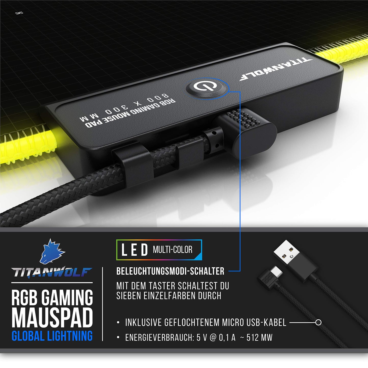 TITANWOLF - RGB Gaming Mauspad - LED Schreibtischunterlage - 800x300 mm - XXL Mousepad - LED Multi Color - 11 Beleuchtungs-Modi - 7 LED Farben Plus 4 Effektmodi - abwaschbar - Stars