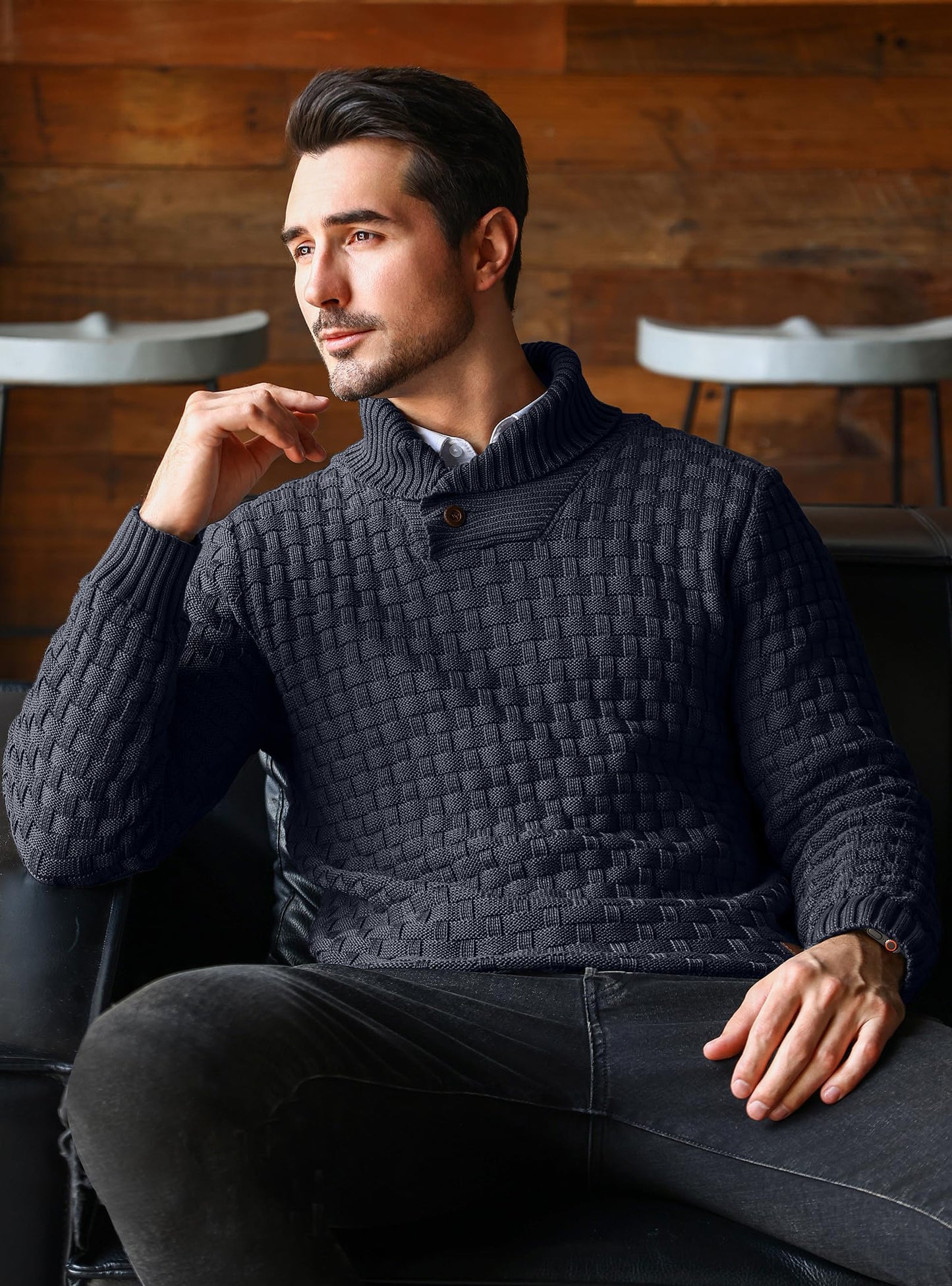 HYPESTFIT Men’s Mock Neck Sweater – Textured Knit Pullover