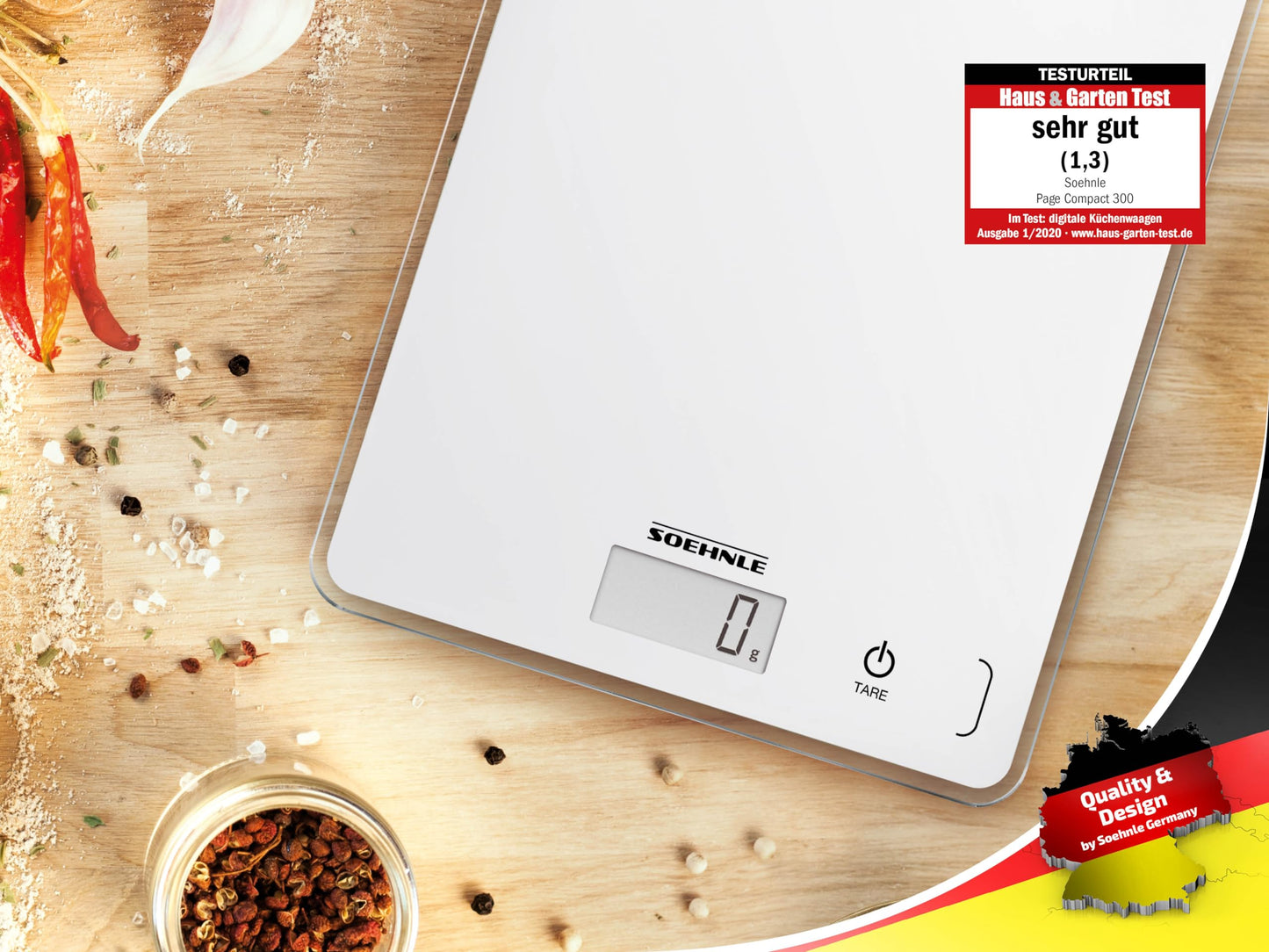 Soehnle Küchenwaage Page Compact 300 weiß, digitale Küchenwaage bis zu 5 kg Tragkraft, Waage mit leicht ablesbarer LCD-Anzeige, Digitalwaage mit Zuwiegefunktion