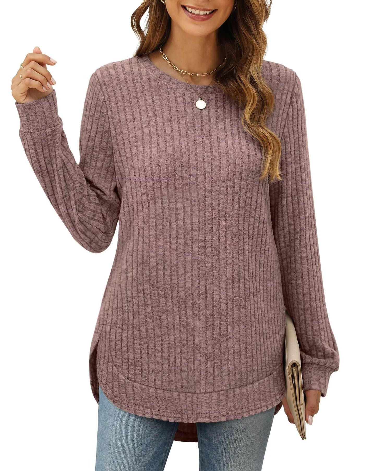 XIEERDUO Women's Pullover Sweater – Curved Hem Knit Sweatshirt